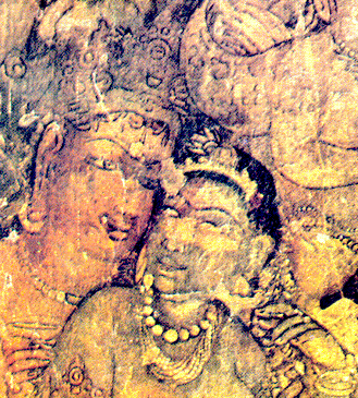 rashtrakuta painting. the couple resemble TODAY's telugu fimstars. note the girl's blue-black complexion and yellowish brown eyes. courtesy Govt. Museum.